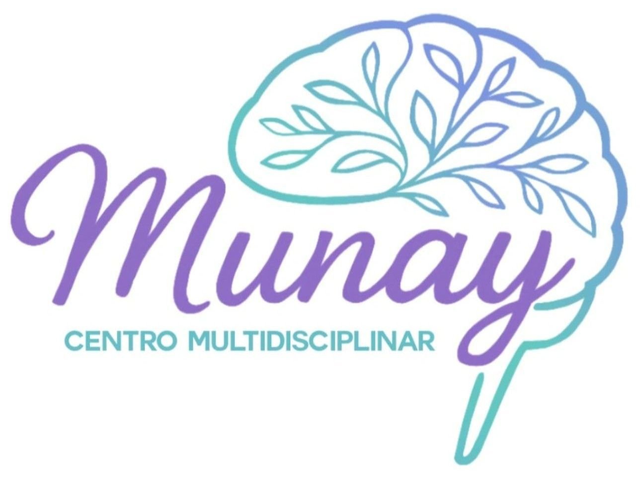 Logotipo para Munay Centro Multidisciplinar con un icono de cerebro y árbol en tonos pastel de morado y verde azulado.